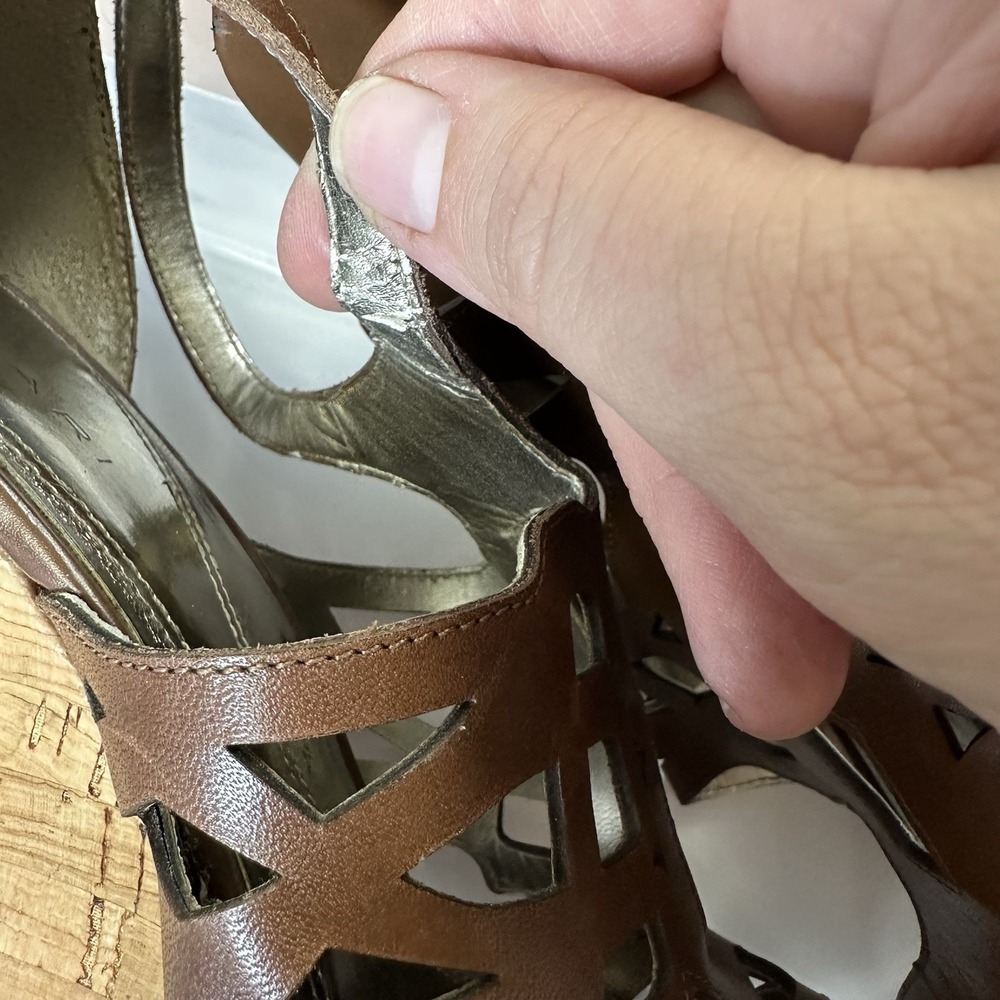 Tahari Women's 10 Brown Tan Leather Cork Wedge Open Toe Strappy Lazer Cutout - Picture 9 of 10